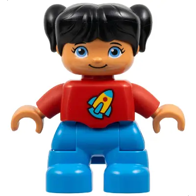  Duplo Figure Lego Ville, Child Girl, Dark Azure Legs, Red Top with Space Rocket Ship, Black Hair (6255022)