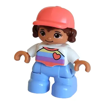  Duplo Figure Lego Ville, Child Girl, Bright Light Blue Legs, White Top with Stripes and Heart, Reddish Brown Hair, Coral Cap (6376729)