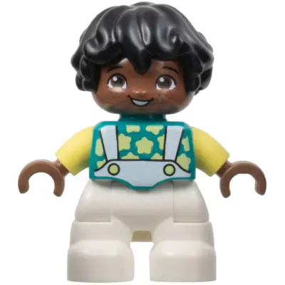  Duplo Figure Lego Ville, Child Boy, White Legs, Dark Turquoise Top with Stars, Bright Light Yellow Arms, Black Hair (6444500)