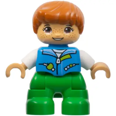  Duplo Figure Lego Ville, Child Girl, Bright Green Legs, Dark Azure Vest, White Shirt, Dark Orange Hair, Hearing Aids (6443276)
