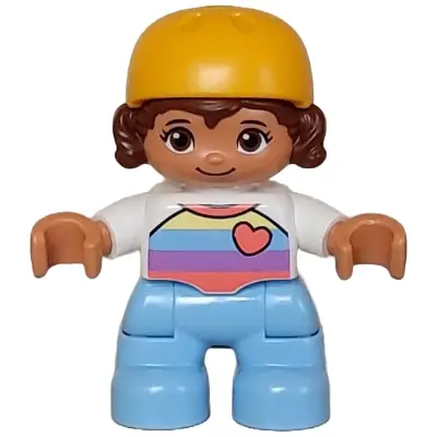  Duplo Figure Lego Ville, Child Girl, Bright Light Blue Legs, White Shirt with Coral, Medium Lavender, Bright Light Blue and Bright Light Yellow Stripes, Coral Heart, Reddish Brown Hair, Bright Light O