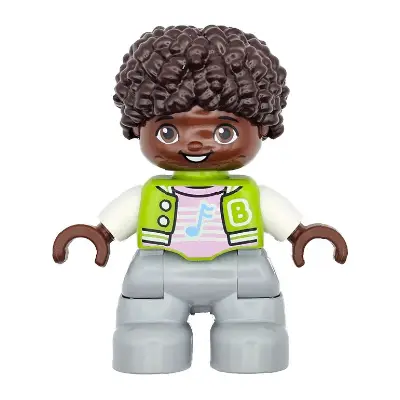  Duplo Figure Lego Ville, Child Boy, Light Bluish Gray Legs, Lime Jacket with White Sleeves, Bright Pink Shirt, Dark Brown Hair (6469554)
