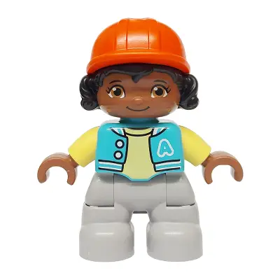  Duplo Figure Lego Ville, Child Girl, Light Bluish Gray Legs, Medium Azure Jacket with Capital Letter A and Buttons, Black Hair, Reddish Orange Riding Helmet (6474068)