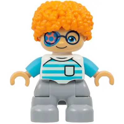  Duplo Figure Lego Ville, Child Boy, Light Bluish Gray Legs, White Shirt with Light Aqua and Medium Azure Stripes, Dark Blue Glasses, Coral and Dark Azure Eye Patch, Orange Hair (6533350)