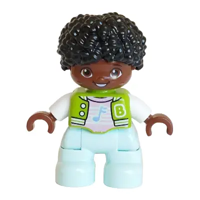  Duplo Figure Lego Ville, Child Boy, Light Aqua Legs, Lime Jacket over Bright Pink Shirt, White Letter B Outline, Buttons and Stripes, Bright Light Blue Music Note Pattern, Black Hair (6491580)