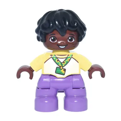  Duplo Figure Lego Ville, Child Boy, Medium Lavender Legs, Bright Light Yellow and White Top Baseball T-Shirt, Sunflower ID Badge on Lanyard Pattern, Black Hair (6544013)