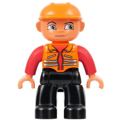  Duplo Figure Lego Ville, Male, Black Legs, Orange Vest, Orange Construction Helmet