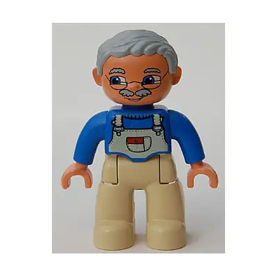  Duplo Figure Lego Ville, Male, Tan Legs, Blue Top with White Overalls Bib, Light Bluish Gray Hair (4213808)