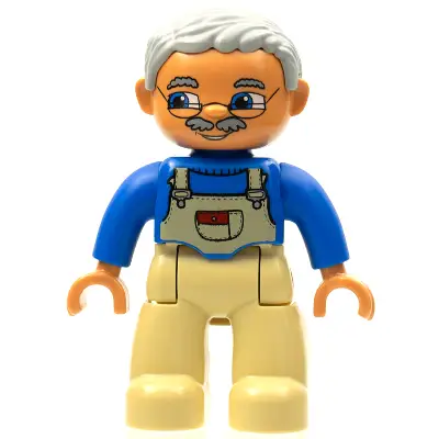  Duplo Figure Lego Ville, Male, Tan Legs, Blue Top with Tan Overalls Bib, Glasses, Light Bluish Gray Hair