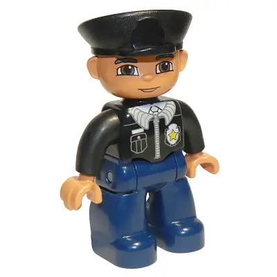  Duplo Figure Lego Ville, Male Police, Black Hat, Light Nougat Head and Hands, Brown Eyes, Black Shirt with Badge, Dark Blue Legs