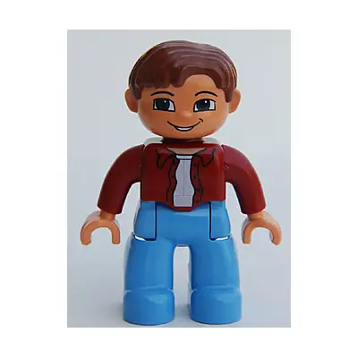  Duplo Figure Lego Ville, Male, Medium Blue Legs, Dark Red Top, Reddish Brown Hair, Blue Eyes