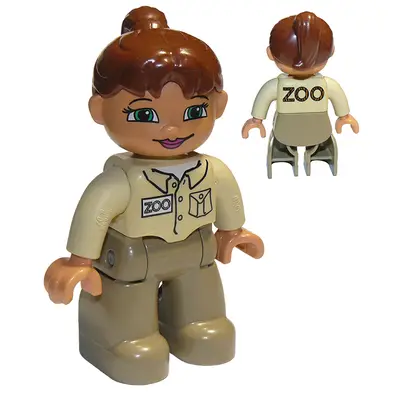  Duplo Figure Lego Ville, Female, Dark Tan Legs, Tan Top, Reddish Brown Ponytail Hair, Green Eyes (Zoo Keeper)