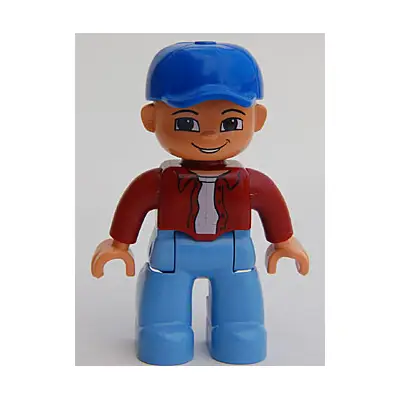  Duplo Figure Lego Ville, Male, Medium Blue Legs, Dark Red Top, Blue Baseball Cap