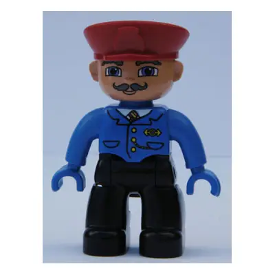  Duplo Figure Lego Ville, Male, Black Legs, Blue Jacket with Tie, Red Hat, Curly Moustache (Train Conductor)