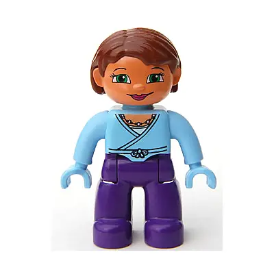  Duplo Figure Lego Ville, Female, Dark Purple Legs, Bright Light Blue Wrap Top with Necklace, Bright Light Blue Hands, Reddish Brown Hair, Green Eyes