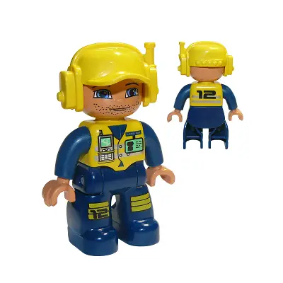 Duplo Figure Lego Ville, Male, Dark Blue Legs & Jumpsuit with Yellow Vest, Radio, ID Badge, Yellow Cap with Headset, Slight Smile