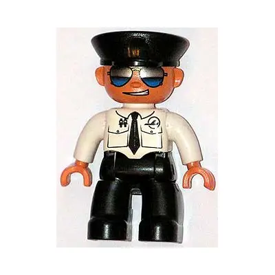  Duplo Figure Lego Ville, Male Pilot, Black Legs, White Top with Airplane Logo and Black Tie, Police Hat, Sunglasses