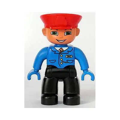  Duplo Figure Lego Ville, Male Train Conductor, Black Legs, Blue Jacket with Tie, Blue Hands, Red Hat, Smile with Teeth