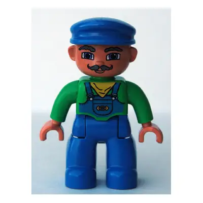  Duplo Figure Lego Ville, Male, Blue Legs, Green Top with Yellow Scarf, Blue Cap, Curly Moustache (Train Engineer)