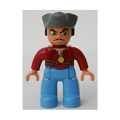  Duplo Figure Lego Ville, Male Pirate, Medium Blue Legs, Dark Red Top, Dark Bluish Gray Pirate Hat, Blue Eyes