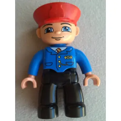  Duplo Figure Lego Ville, Male Train Conductor, Red Hat, Smile with Closed Mouth, Blue Jacket with Yellow and Red Tie, Black Legs