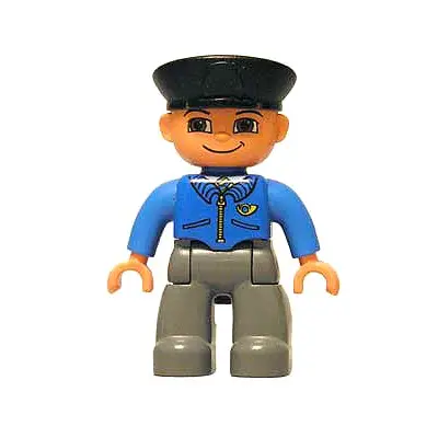  Duplo Figure Lego Ville, Male Post Office, Dark Bluish Gray Legs, Blue Jacket with Mail Horn, Black Police Hat