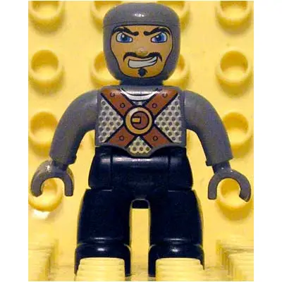  Duplo Figure Lego Ville, Male Castle, Black Legs, Dark Bluish Gray Chest with Brown Belts, Dark Bluish Gray  Arms, Dark Bluish Gray Hands
