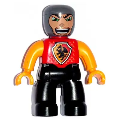  Duplo Figure Lego Ville, Male Castle, Black Legs, Red Chest with Dragon Shield, Bright Light Orange Arms and Hands, Stubble and Open Mouth