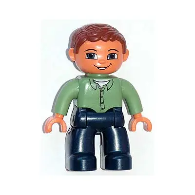  Duplo Figure Lego Ville, Male, Dark Blue Legs, Sand Green Top with Buttons, Reddish Brown Hair, Blue Eyes