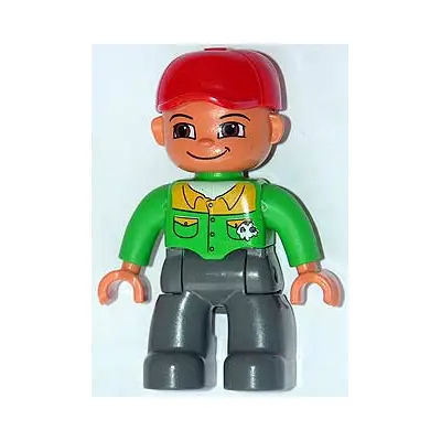  Duplo Figure Lego Ville, Male, Dark Bluish Gray Legs, Bright Green Button Down Shirt, Red Cap, Brown Eyes, Closed Mouth Smile (Mechanic)