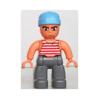  Duplo Figure Lego Ville, Male Pirate, Dark Bluish Gray Legs, Red and White White Striped Top, Medium Blue Cloth Wrap (Pirate)