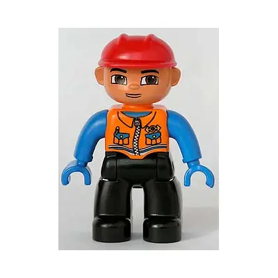  Duplo Figure Lego Ville, Male, Black Legs, Orange Vest with Two Pockets and Pen, Blue Hands, Red Construction Helmet (Train Engineer)