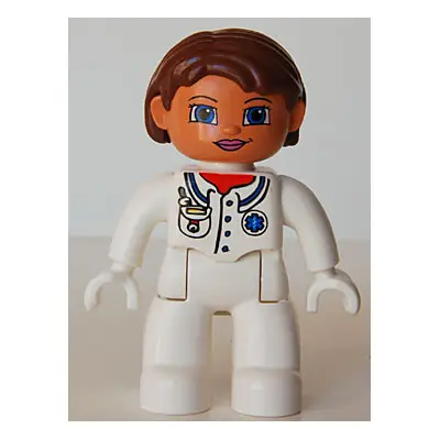  Duplo Figure Lego Ville, Female Medic, White Legs, White Top with Pocket and EMT Star of Life Pattern, Reddish Brown Hair, Blue Eyes, White Hands