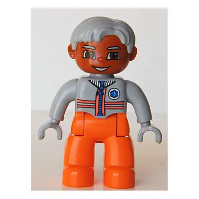  Duplo Figure Lego Ville, Male Medic, Orange Legs, Light Bluish Gray Top with Zipper and Stripes, Light Bluish Gray Hair, Light Bluish Gray Hands