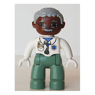  Duplo Figure Lego Ville, Male Medic, Sand Green Legs, White Top with Stethoscope, Light Bluish Gray Hair, Brown Head, Glasses, Moustache, White Hands