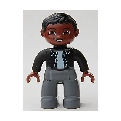  Duplo Figure Lego Ville, Male, Dark Bluish Gray Legs, Black Top with Buttons, Black Hair, Brown Head