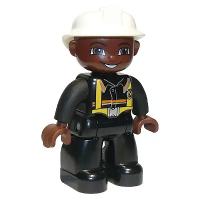  Duplo Figure Lego Ville, Male Fireman, Black Legs, Brown Hands, White Helmet, Brown Face