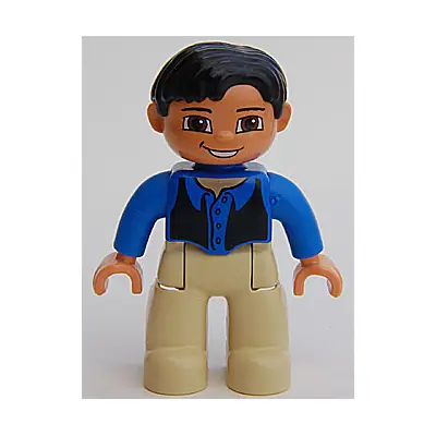  Duplo Figure Lego Ville, Male, Tan Legs, Blue Top, Black Vest, Black Hair