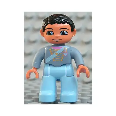  Duplo Figure Lego Ville, Male, Light Blue Legs, Sand Blue Top with Strap, Gold Crown and Medium Blue Heart, Black Hair