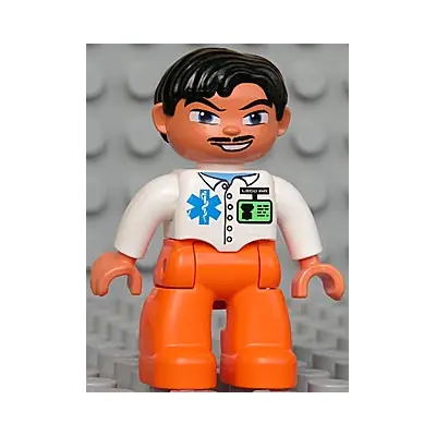  Duplo Figure Lego Ville, Male Medic, Orange Legs, White Top with ID Badge and EMT Star of Life Pattern, Black Hair, Blue Eyes, Moustache