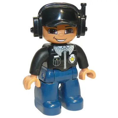  Duplo Figure Lego Ville, Male Police, Black Cap with Headset, Light Nougat Head and Hands, Black Shirt with Badge, Dark Blue Legs