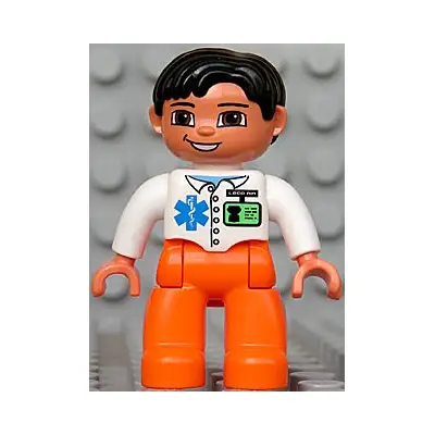  Duplo Figure Lego Ville, Male Medic, Orange Legs, White Top with ID Badge and EMT Star of Life Pattern, Black Hair, Brown Eyes