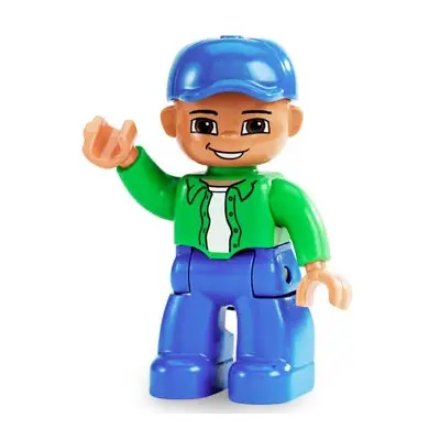 Duplo Figure Lego Ville, Male, Blue Legs, Bright Green Top with White Undershirt, Blue Cap (4558055)