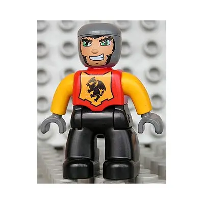  Duplo Figure Lego Ville, Male Castle, Black Legs, Red Chest, Bright Light Orange Arms, Dark Bluish Gray Hands, Wide Grin