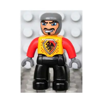  Duplo Figure Lego Ville, Male Castle, Black Legs, Bright Light Orange Chest, Red Arms, Dark Bluish Gray Hands, Wide Crooked Grin (4265815)