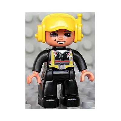  Duplo Figure Lego Ville, Male Fireman, Black Legs, Nougat Hands, Yellow Cap with Headset