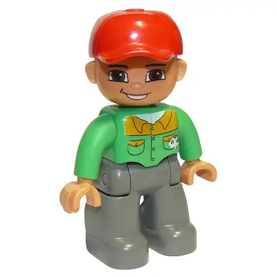  Duplo Figure Lego Ville, Male, Dark Bluish Gray Legs, Bright Green Button Down Shirt, Red Cap, Brown Eyes, Open Mouth Smile (Mechanic)