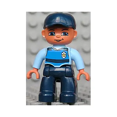  Duplo Figure Lego Ville, Male, Dark Blue Legs, Light Blue Top with Life Jacket and Badge, Dark Blue Cap