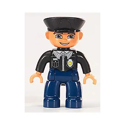  Duplo Figure Lego Ville, Male Police, Dark Blue Legs, Black Top with Badge, Black Arms, Black Hat, Blue Eyes