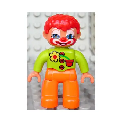  Duplo Figure Lego Ville, Male Clown, Orange Legs, Lime Top with Three Buttons and Flower, Red Hair, Blue Eyes